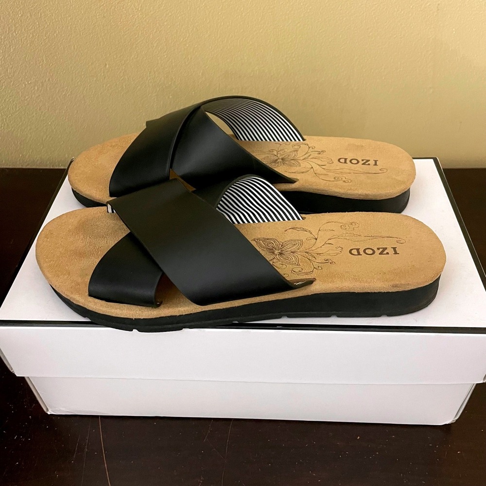 IZOD Alyssa Womens Black Crisscross Slide Sandals Striped Lining Size 6M 1378112